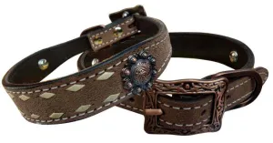 Rough Out leather dog collar with natural buckstitch trim.