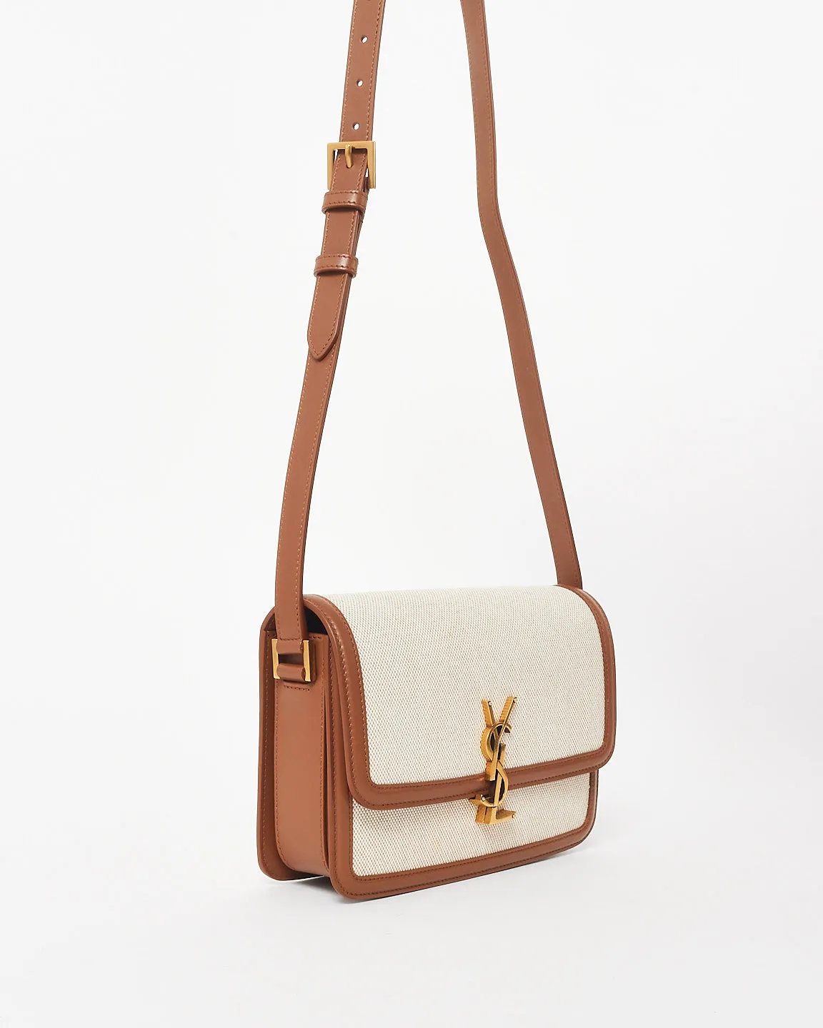 Saint Laurent Beige Canvas & Brown Leather Trim Logo Solferino Bag