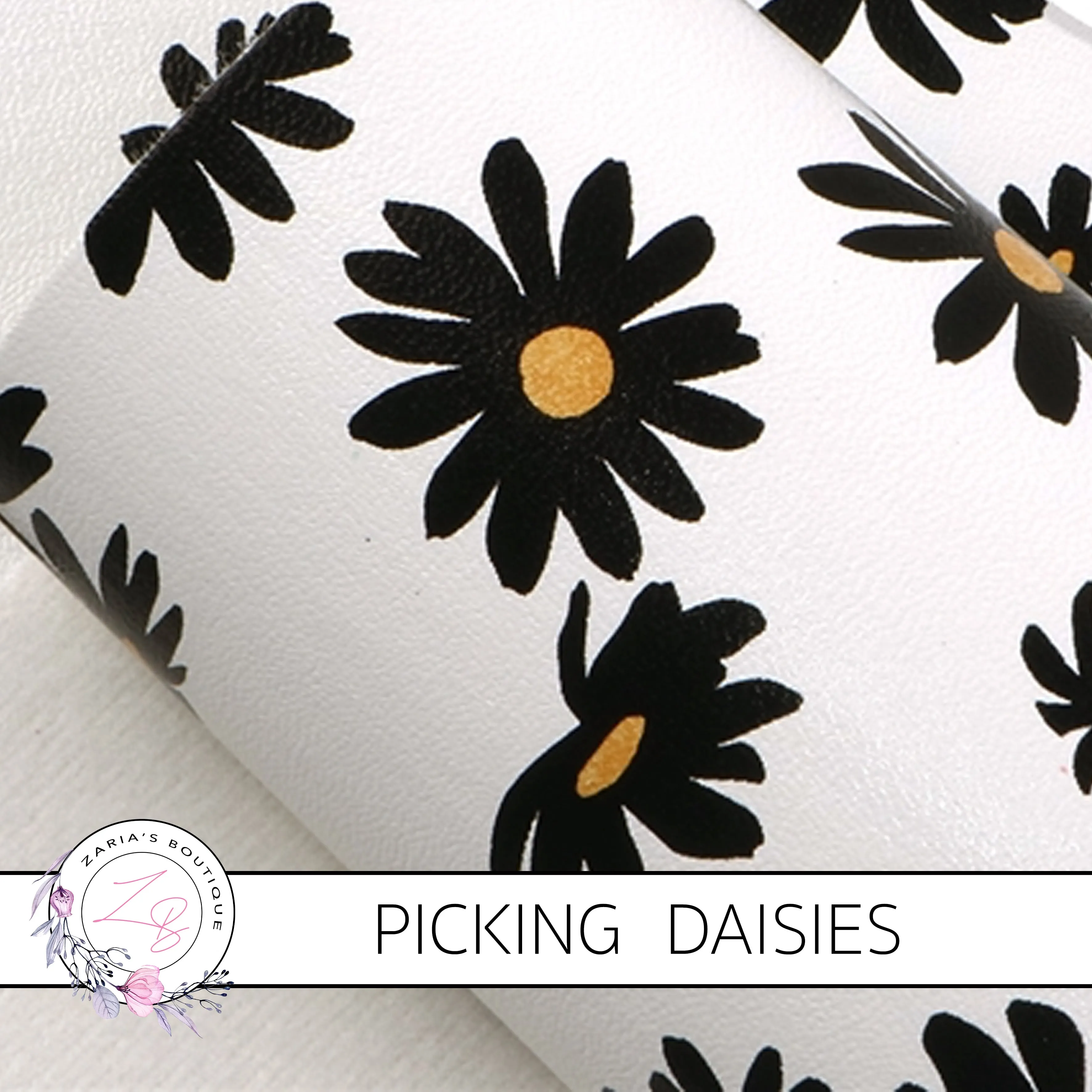 SALE Picking Daisies ~ Black & White Floral Faux Leather ~ 1mm