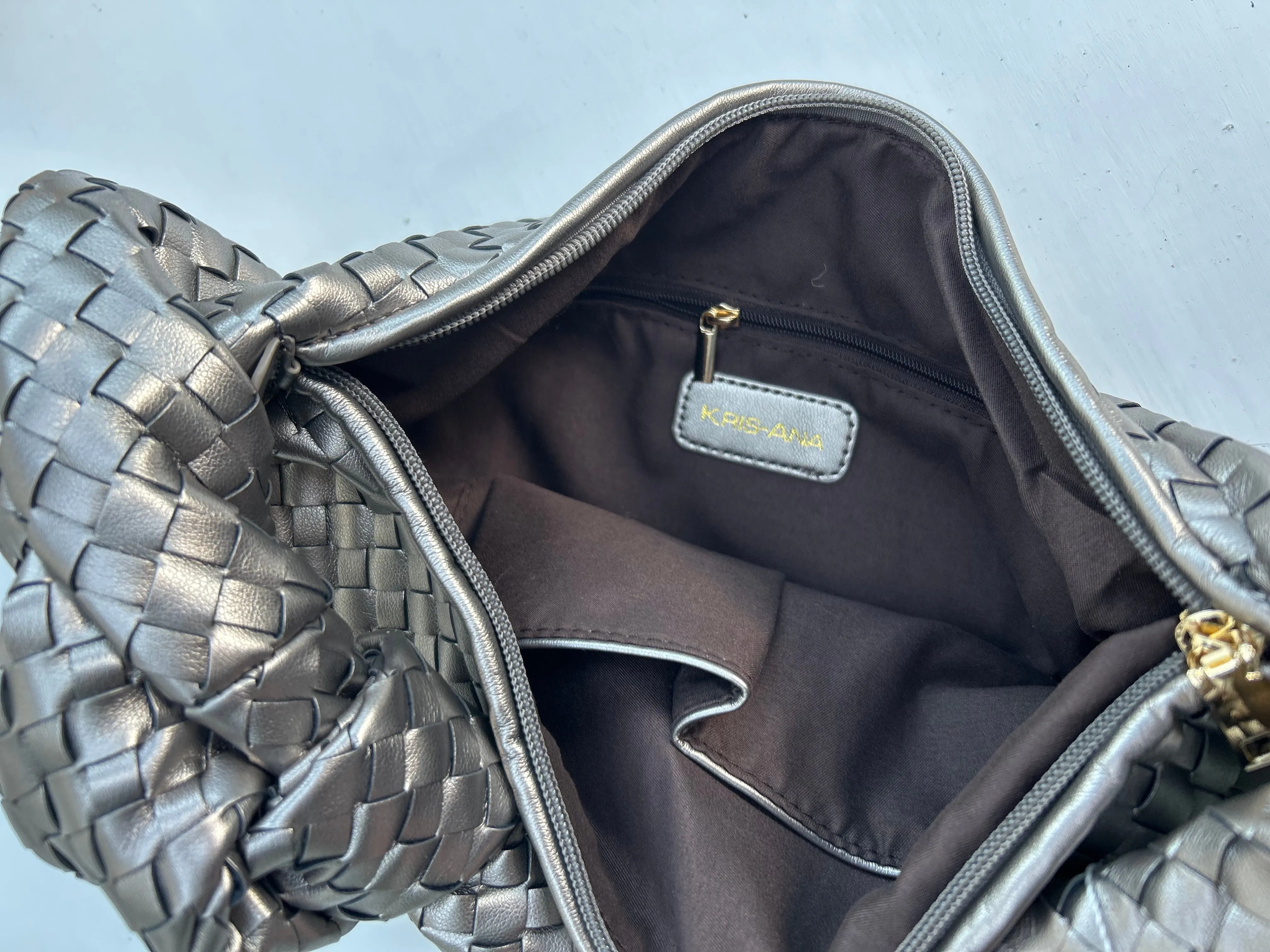 SAMPLE - Faux Leather Pewter Woven Shoulder Bag