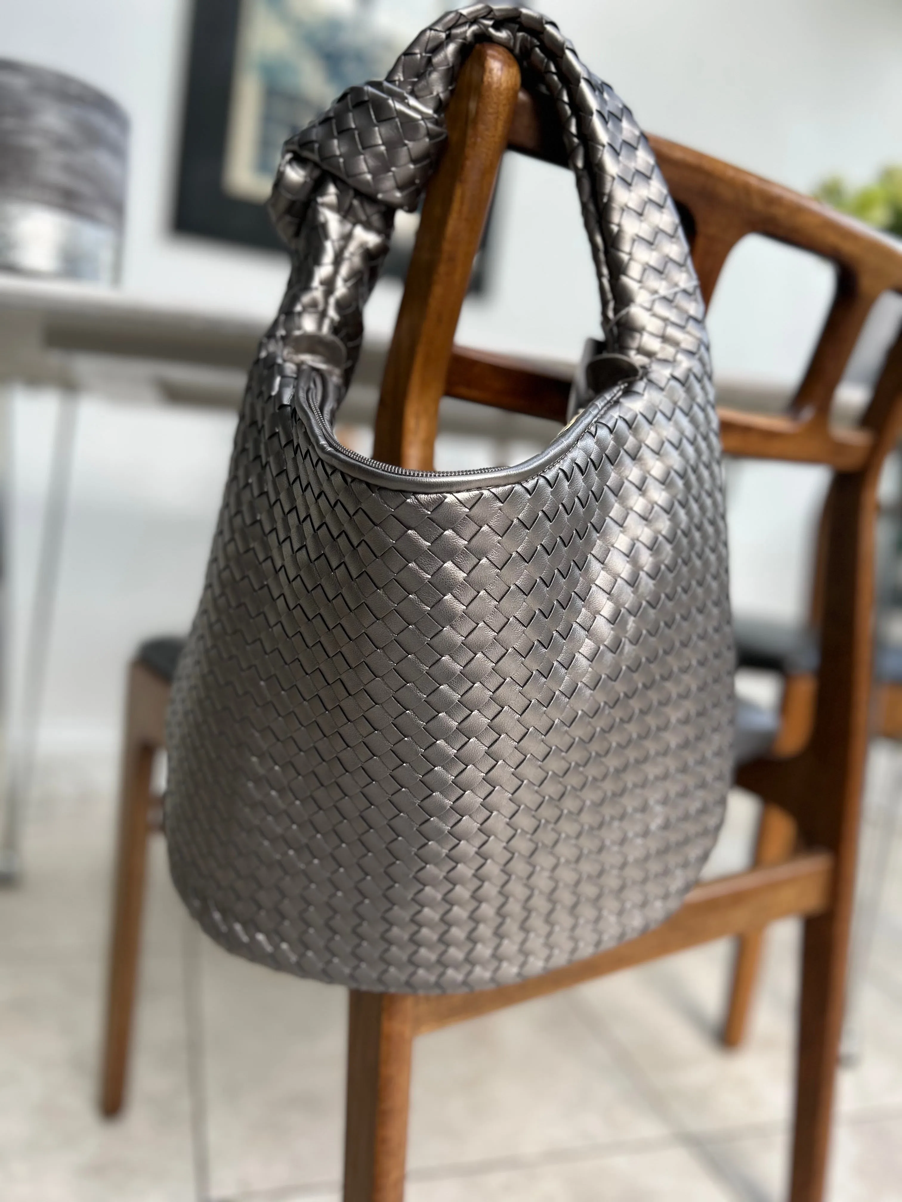 SAMPLE - Faux Leather Pewter Woven Shoulder Bag