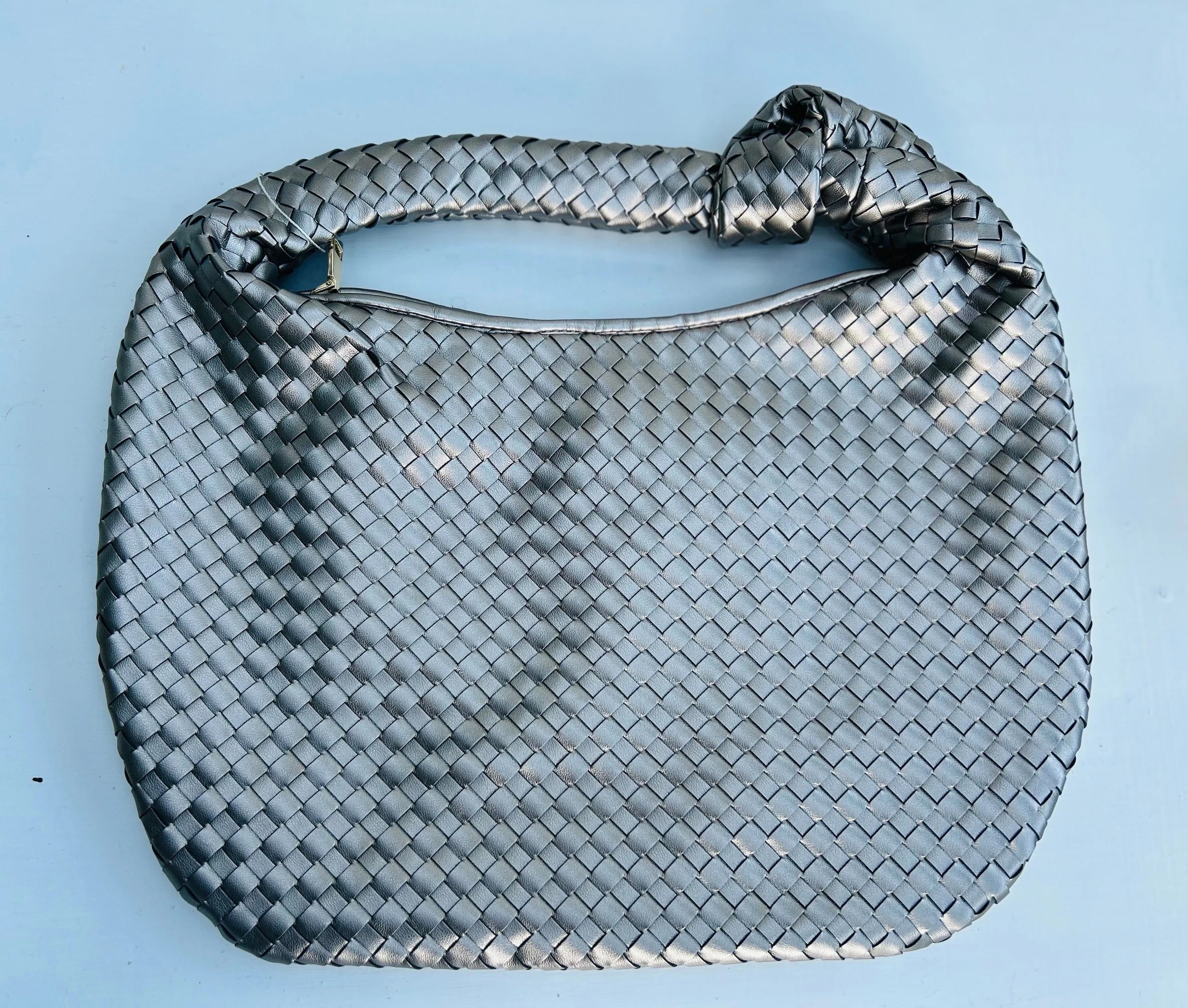 SAMPLE - Faux Leather Pewter Woven Shoulder Bag