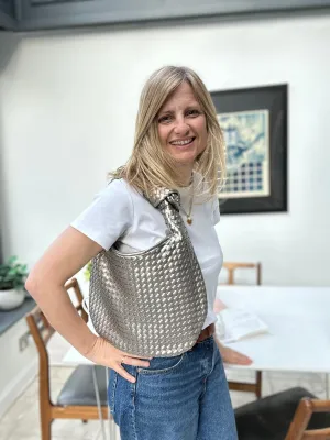 SAMPLE - Faux Leather Pewter Woven Shoulder Bag