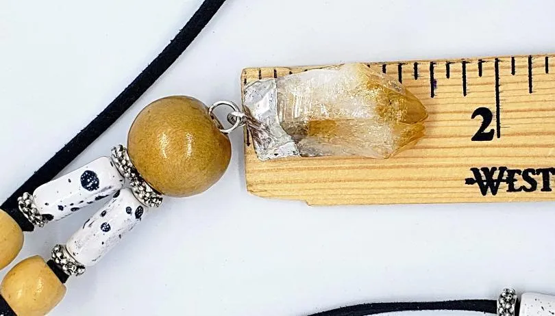 Sassy Long Black Faux Leather Boho Necklace with Citrine Nugget & Natural Wood Beads - Adjustable Lariat Handmade Jewelry