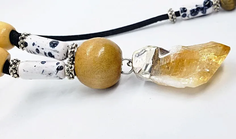 Sassy Long Black Faux Leather Boho Necklace with Citrine Nugget & Natural Wood Beads - Adjustable Lariat Handmade Jewelry