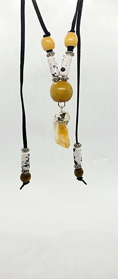 Sassy Long Black Faux Leather Boho Necklace with Citrine Nugget & Natural Wood Beads - Adjustable Lariat Handmade Jewelry
