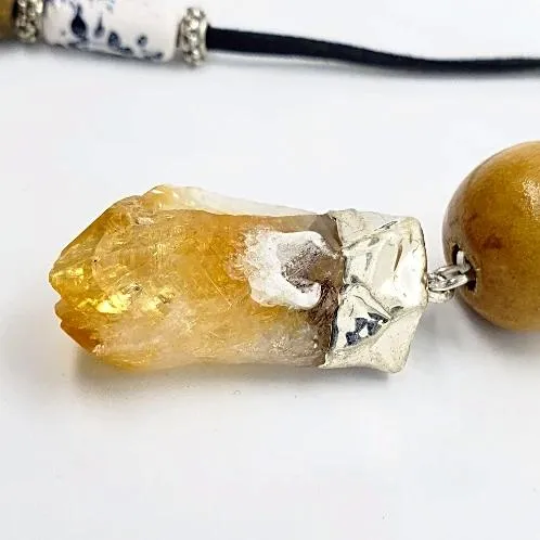 Sassy Long Black Faux Leather Boho Necklace with Citrine Nugget & Natural Wood Beads - Adjustable Lariat Handmade Jewelry