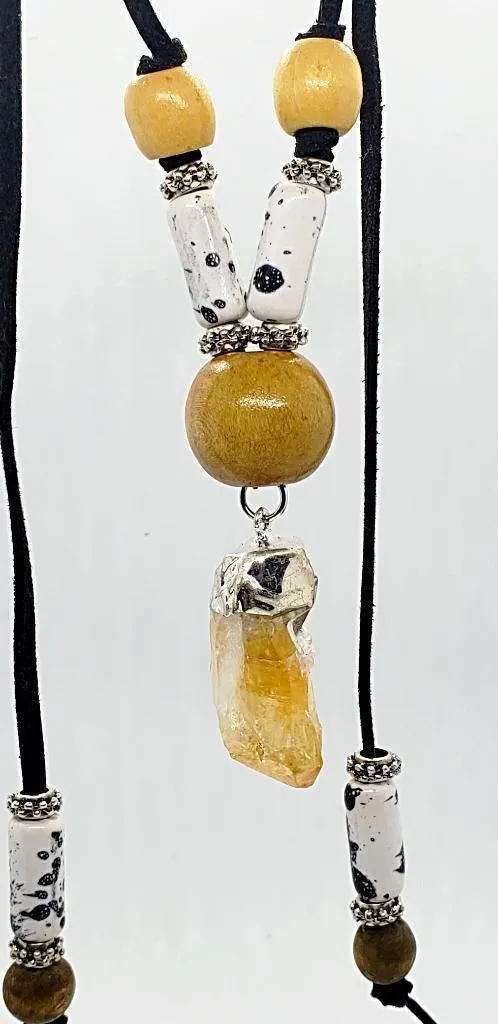 Sassy Long Black Faux Leather Boho Necklace with Citrine Nugget & Natural Wood Beads - Adjustable Lariat Handmade Jewelry