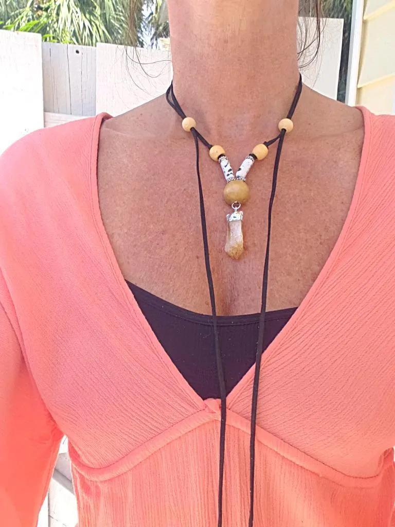 Sassy Long Black Faux Leather Boho Necklace with Citrine Nugget & Natural Wood Beads - Adjustable Lariat Handmade Jewelry