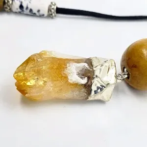 Sassy Long Black Faux Leather Boho Necklace with Citrine Nugget & Natural Wood Beads - Adjustable Lariat Handmade Jewelry