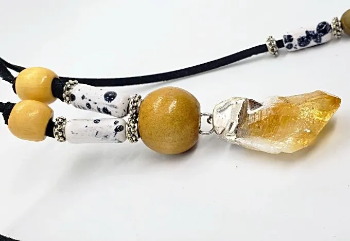 Sassy Long Black Faux Leather Boho Necklace with Citrine Nugget & Natural Wood Beads - Adjustable Lariat Handmade Jewelry