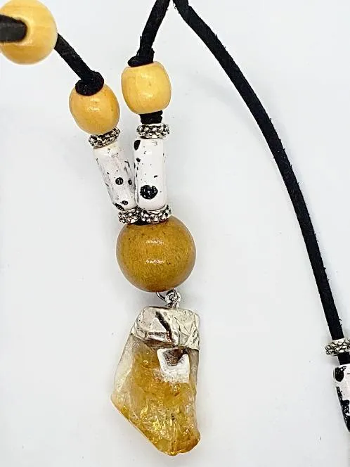 Sassy Long Black Faux Leather Boho Necklace with Citrine Nugget & Natural Wood Beads - Adjustable Lariat Handmade Jewelry