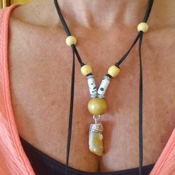Sassy Long Black Faux Leather Boho Necklace with Citrine Nugget & Natural Wood Beads - Adjustable Lariat Handmade Jewelry