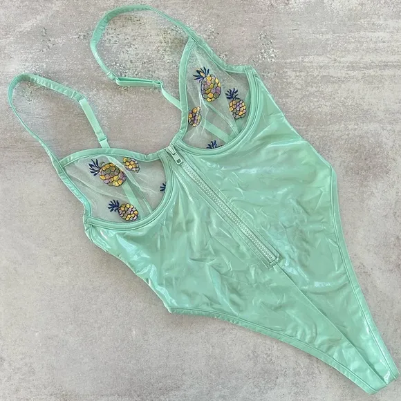 Savage X Fenty Tutti Fruity Pineapple Embroidered Tulle &amp; Vinyl Mint Teddy S NWT