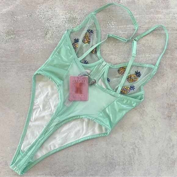 Savage X Fenty Tutti Fruity Pineapple Embroidered Tulle &amp; Vinyl Mint Teddy S NWT