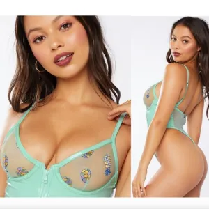 Savage X Fenty Tutti Fruity Pineapple Embroidered Tulle &amp; Vinyl Mint Teddy S NWT