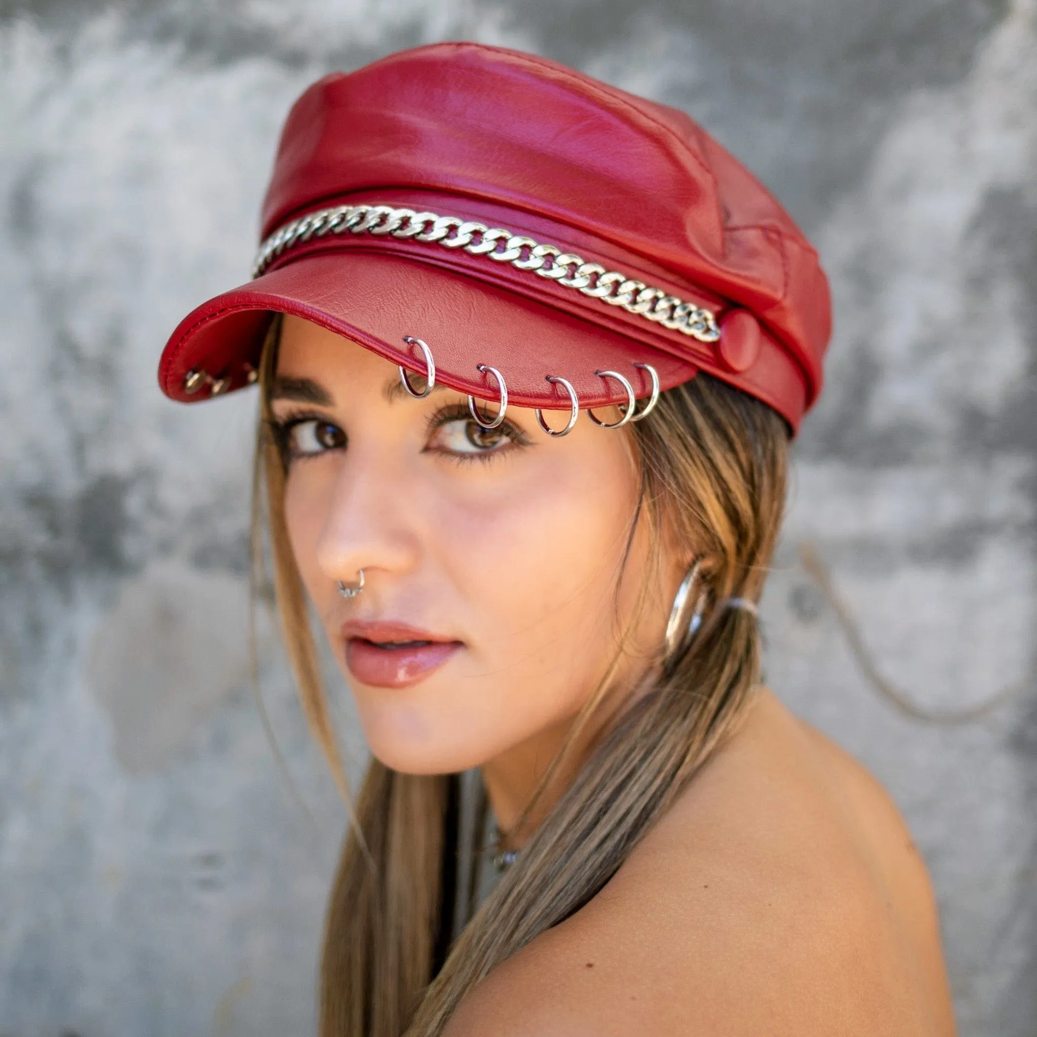 Scarlet Red Faux Leather Fisherman Cap
