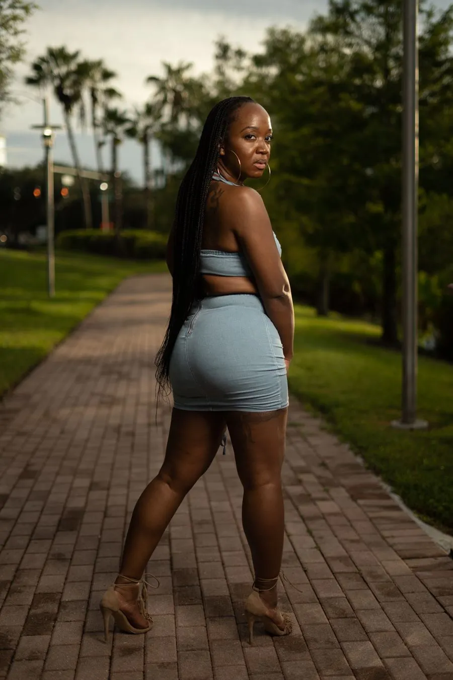 Scrunched denim skirt set