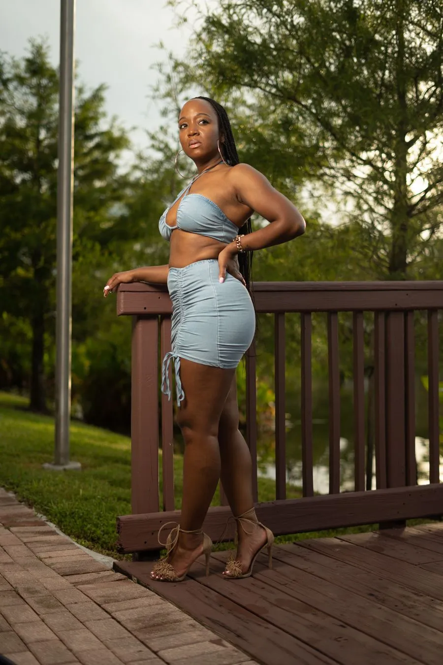 Scrunched denim skirt set