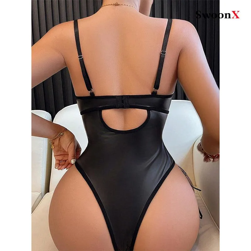 Seductive Fishnet PU Leather Bodysuit Lingerie