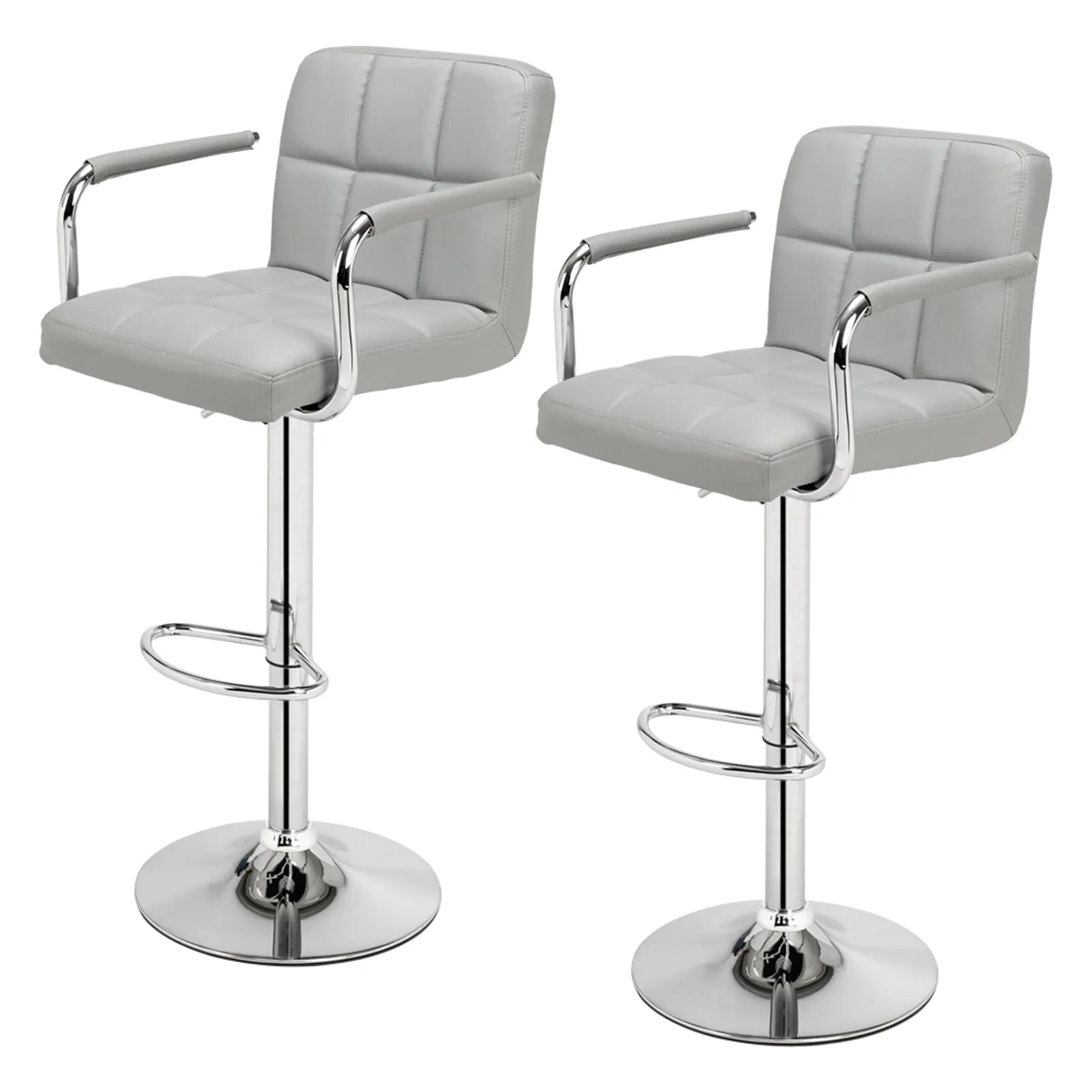Set of 2 Adjustable 60-80cm 6-Checks Round Cushion Bar Stools in Gray
