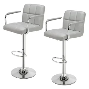Set of 2 Adjustable 60-80cm 6-Checks Round Cushion Bar Stools in Gray