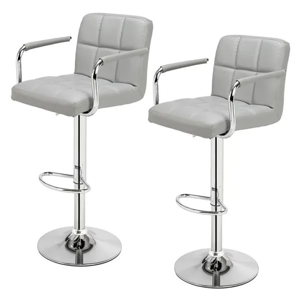 Set of 2 Adjustable 60-80cm 6-Checks Round Cushion Bar Stools in Gray