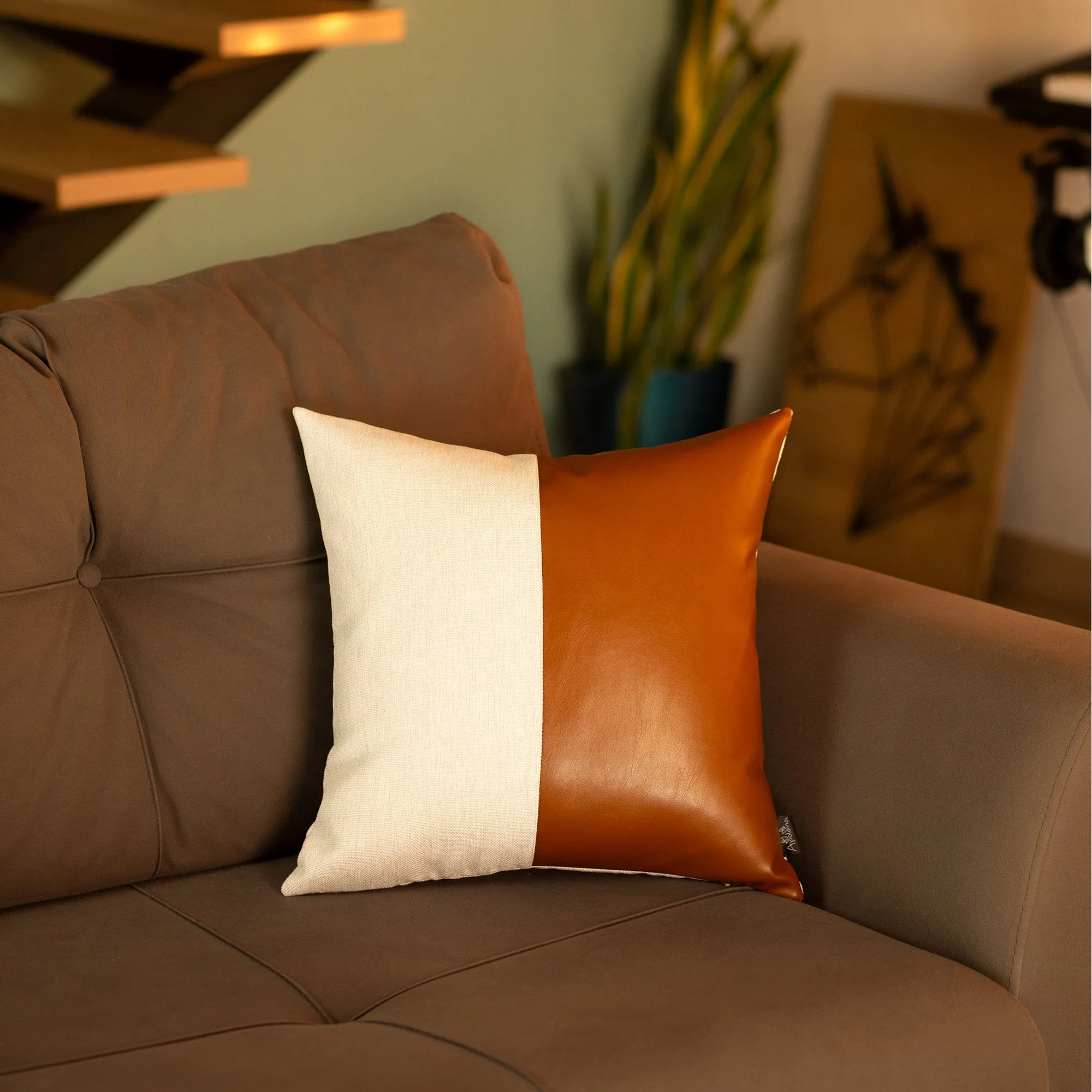 Set of 2 Bichrome Pearl White and Rustic Brown Faux Leather Pillow Covers