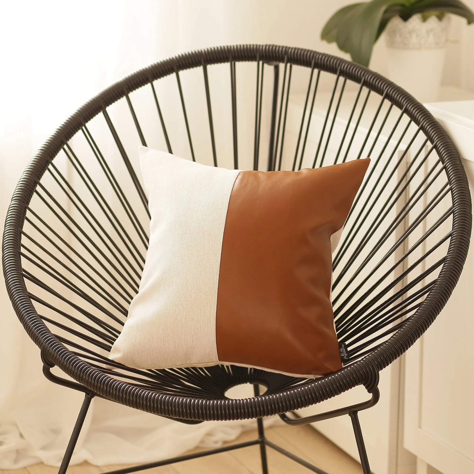 Set of 2 Bichrome Pearl White and Rustic Brown Faux Leather Pillow Covers