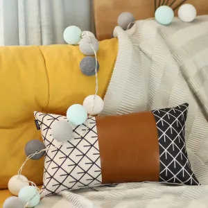 Set of 2 Geometric Lattice Pattern and Warm Brown Faux Leather Pillow Covers