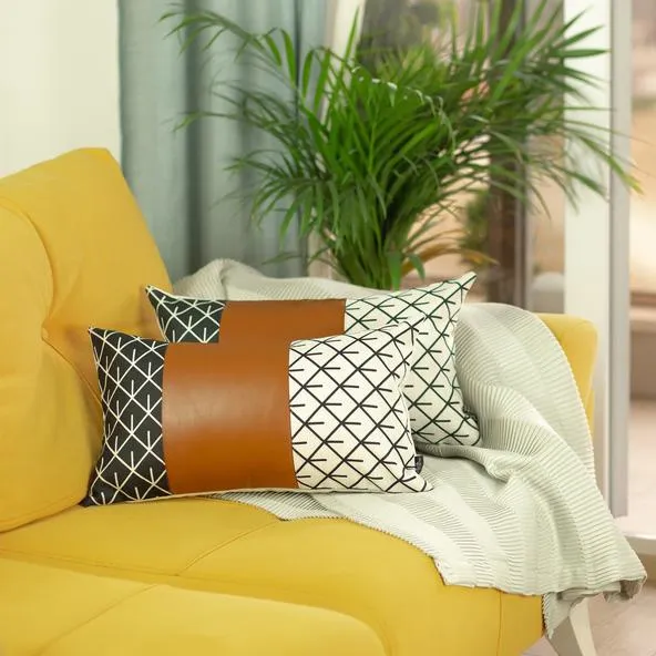 Set of 2 Geometric Lattice Pattern and Warm Brown Faux Leather Pillow Covers