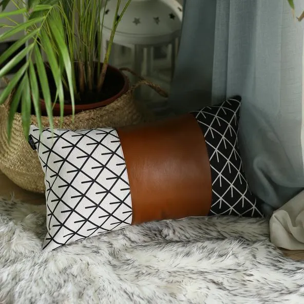 Set of 2 Geometric Lattice Pattern and Warm Brown Faux Leather Pillow Covers