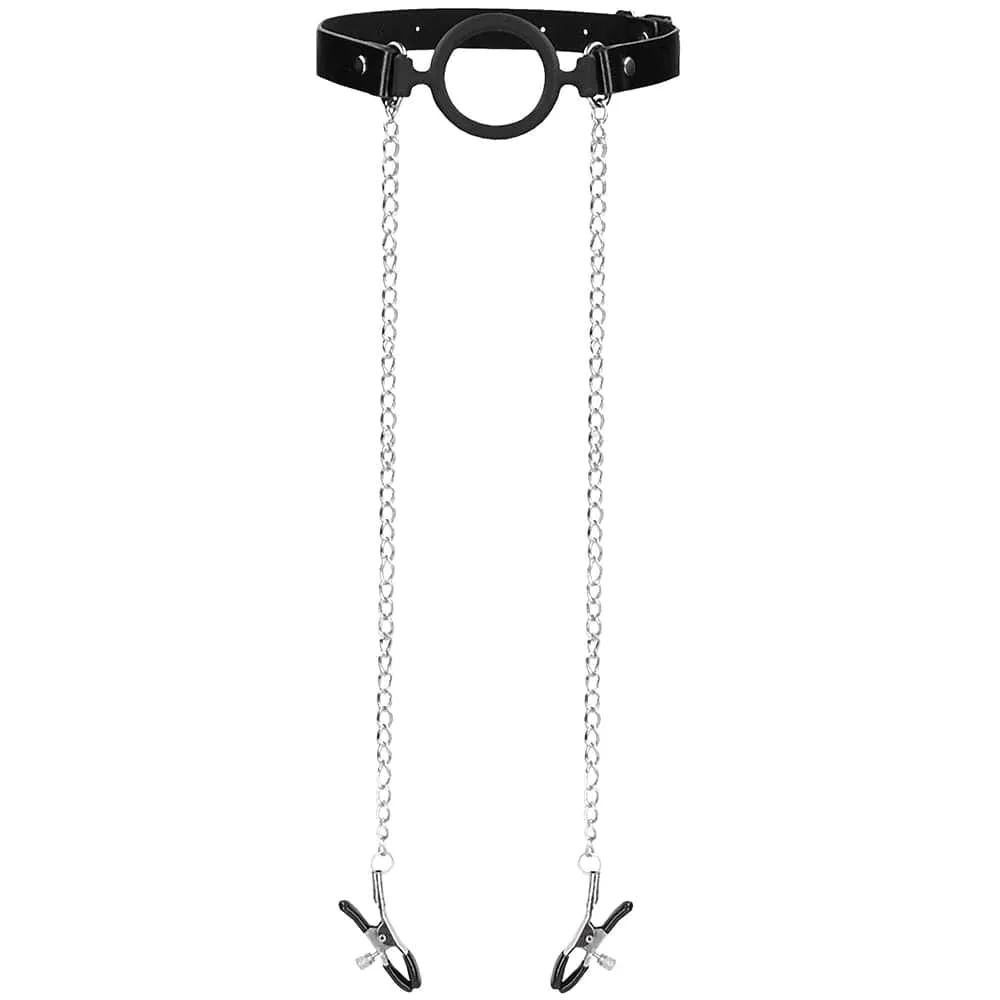 Shots toys Ouch! O-Ring Gag with Nipple Clamps