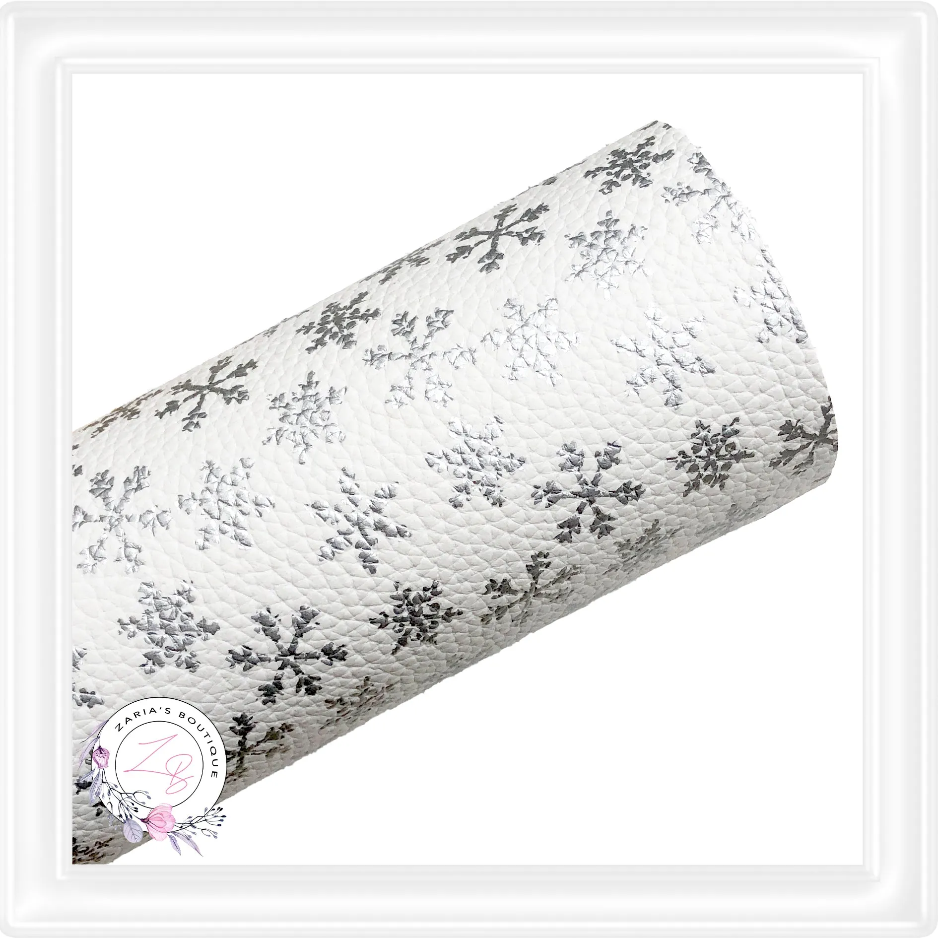 Silver Foil Snowflakes ~ White Vegan Faux Leather Fabric Sheets