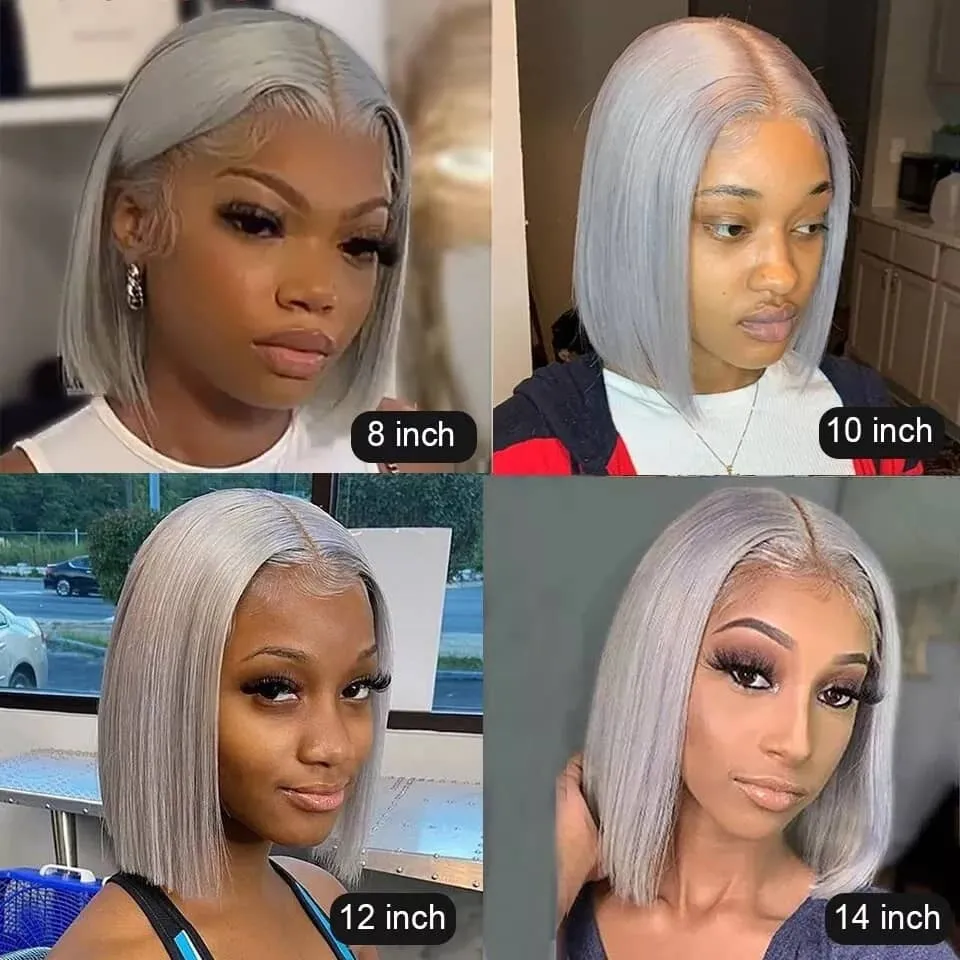 Silver Gray Short Bob Wig Transparent Lace Wig Human Hair
