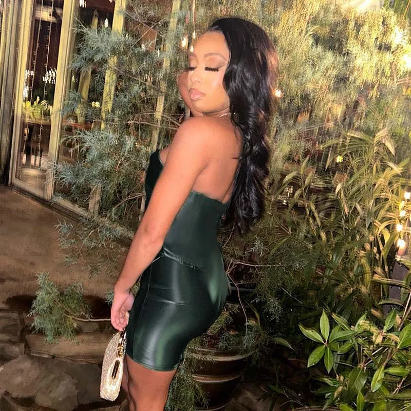 Sleek Strapless Faux Leather Corset Top and Mini Skirt Set