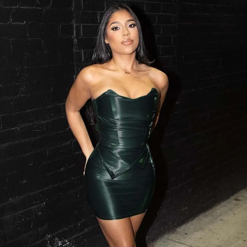 Sleek Strapless Faux Leather Corset Top and Mini Skirt Set
