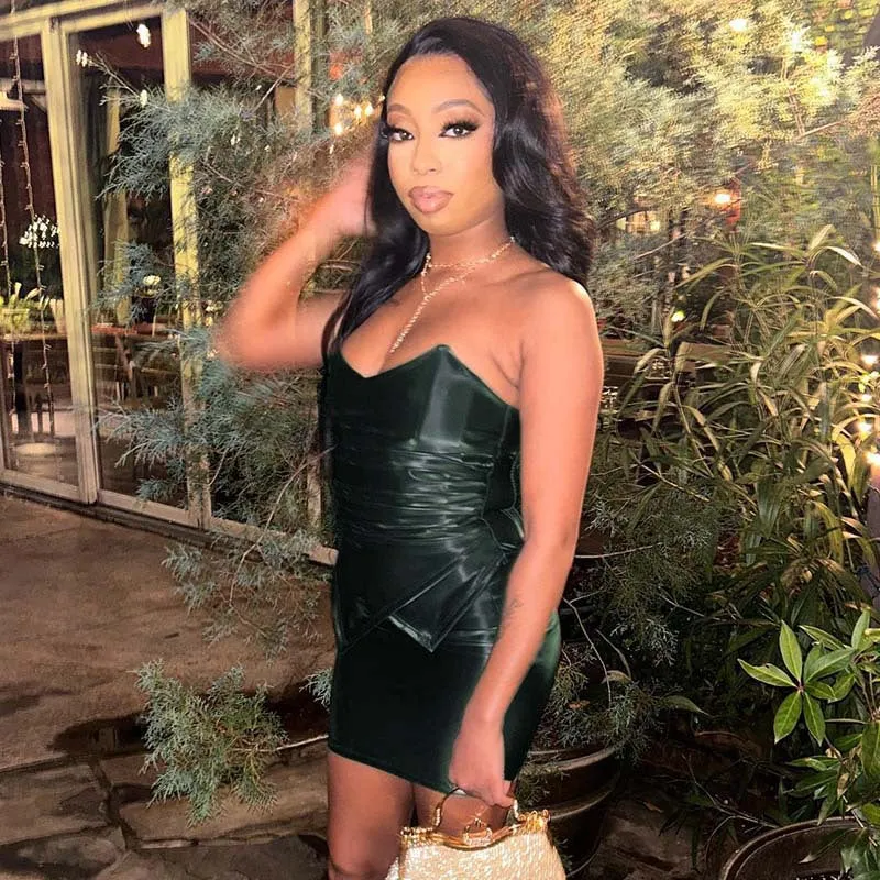 Sleek Strapless Faux Leather Corset Top and Mini Skirt Set
