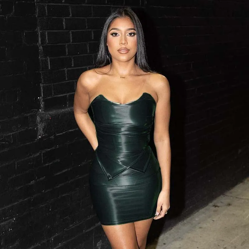 Sleek Strapless Faux Leather Corset Top and Mini Skirt Set