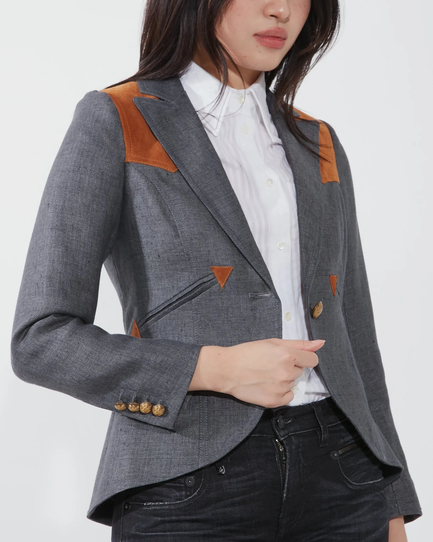 Smythe Grey Wool and Suede Shoulder Blazer - 4
