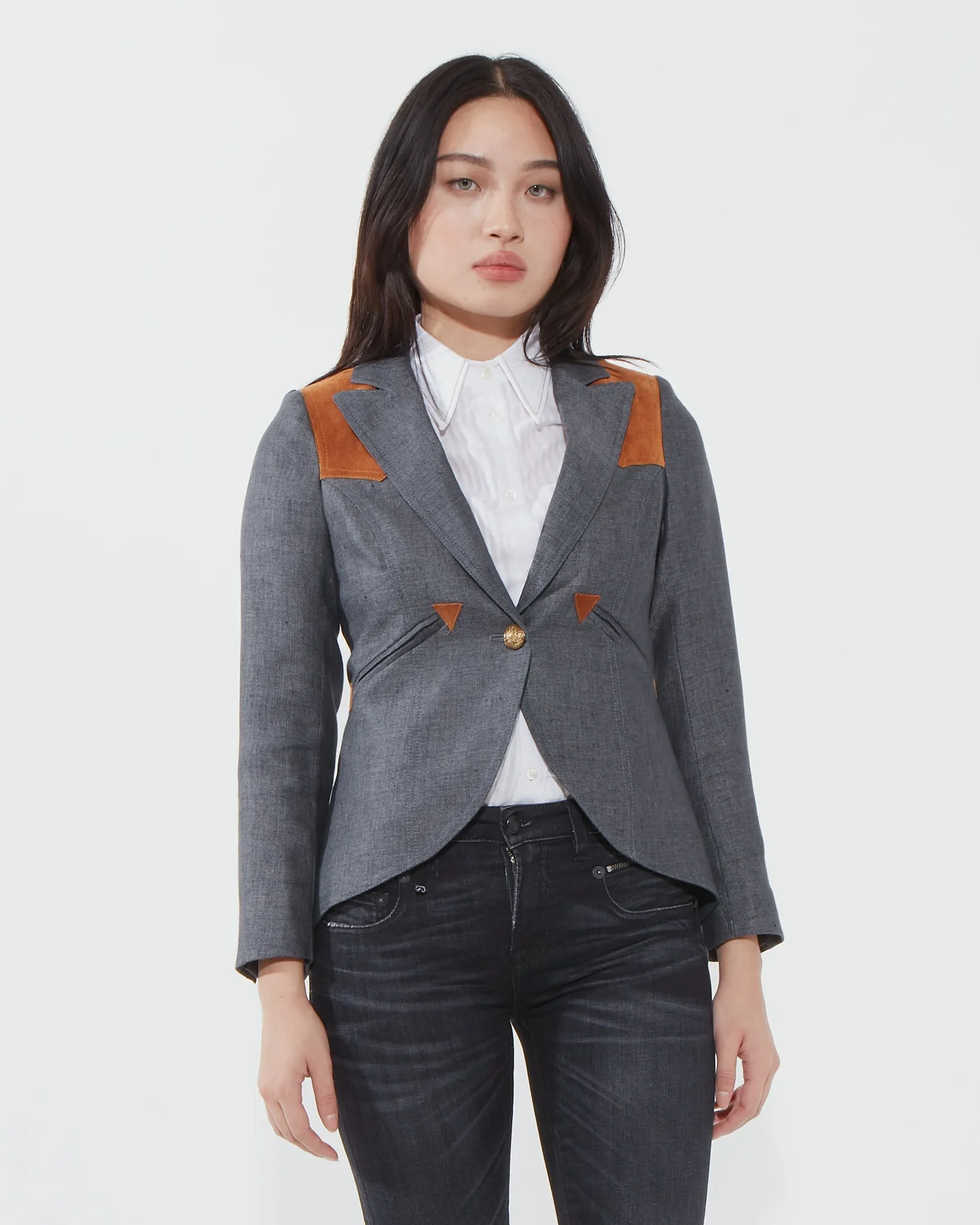 Smythe Grey Wool and Suede Shoulder Blazer - 4
