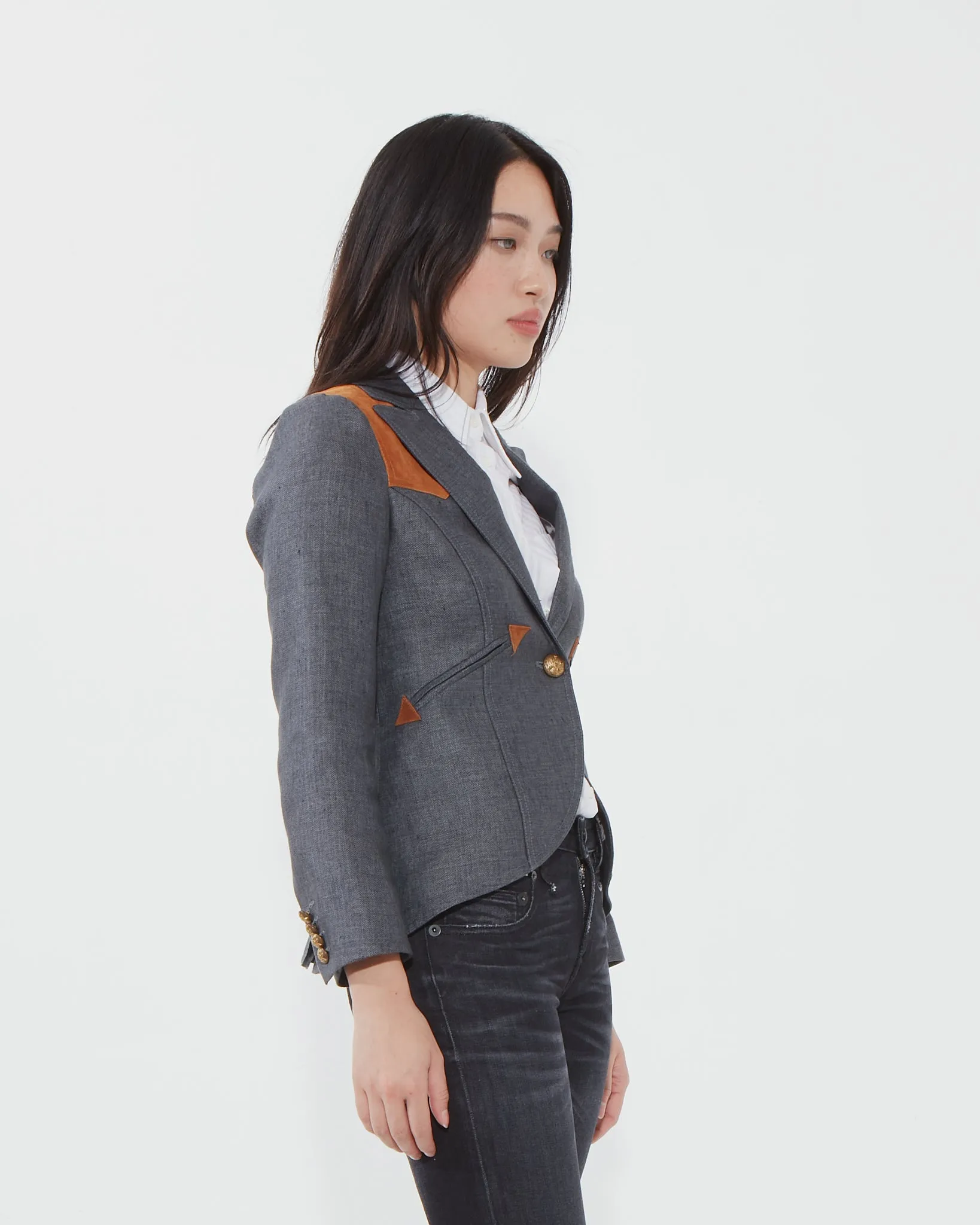 Smythe Grey Wool and Suede Shoulder Blazer - 4