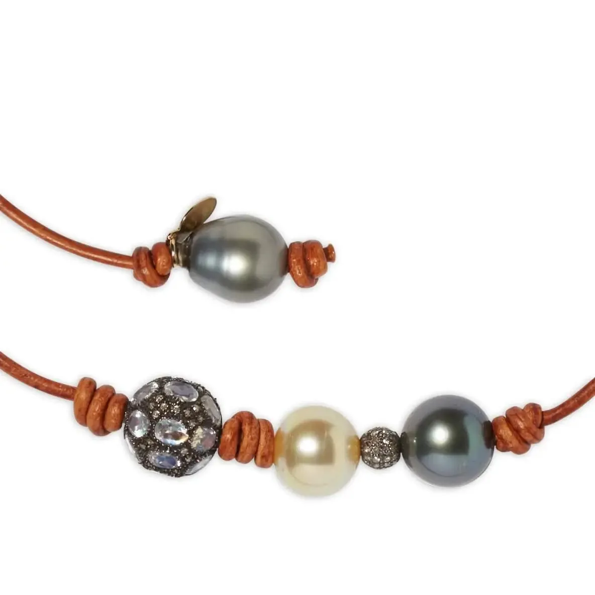 South Sea Tahitian Pearl and Moonstone Diamond Leather Necklace