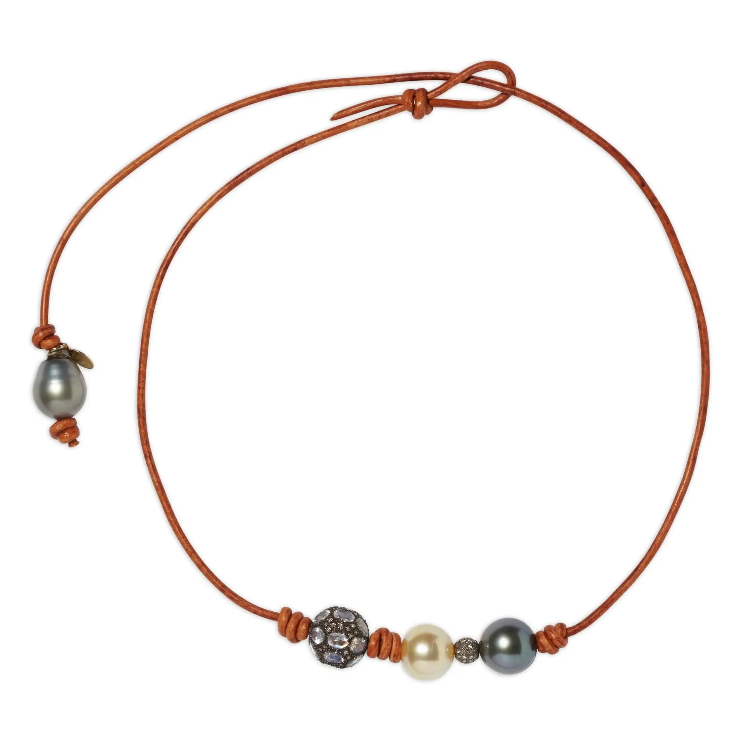 South Sea Tahitian Pearl and Moonstone Diamond Leather Necklace