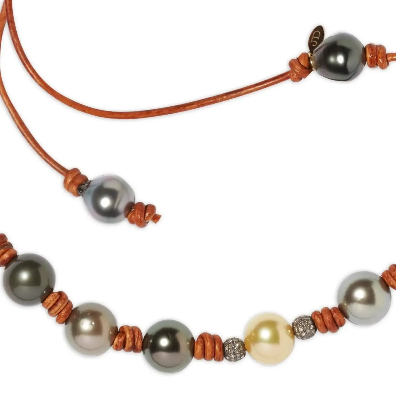 South Sea Tahitian Pearl Ombré Leather and Diamond Necklace