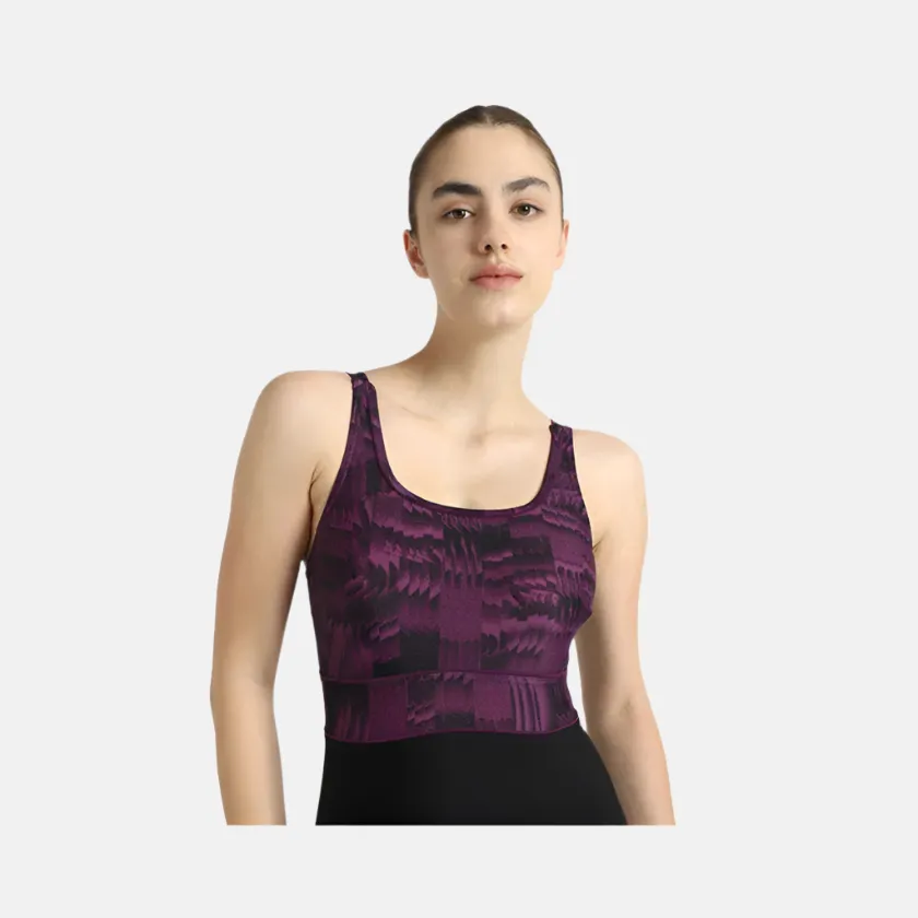 Speedo Endurance10 Square Neck Printed V-Cut Women's One Piece Swimsuit With Underband - Black/Plum Dandy