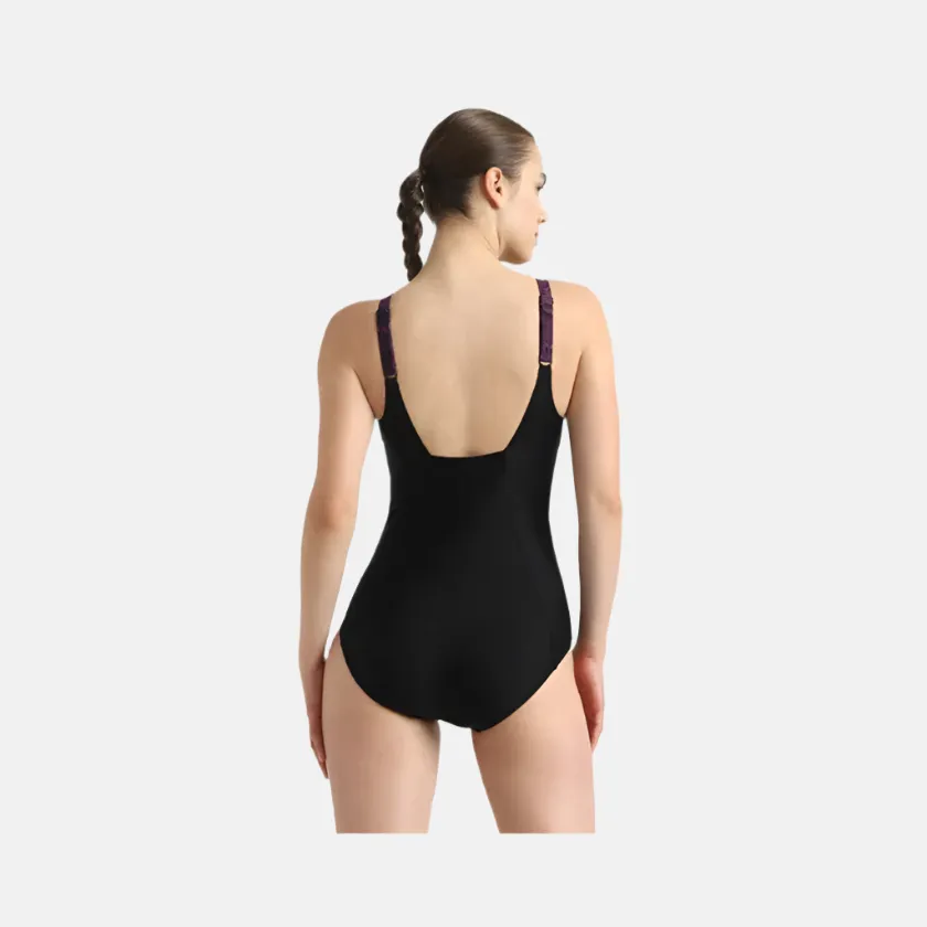Speedo Endurance10 Square Neck Printed V-Cut Women's One Piece Swimsuit With Underband - Black/Plum Dandy