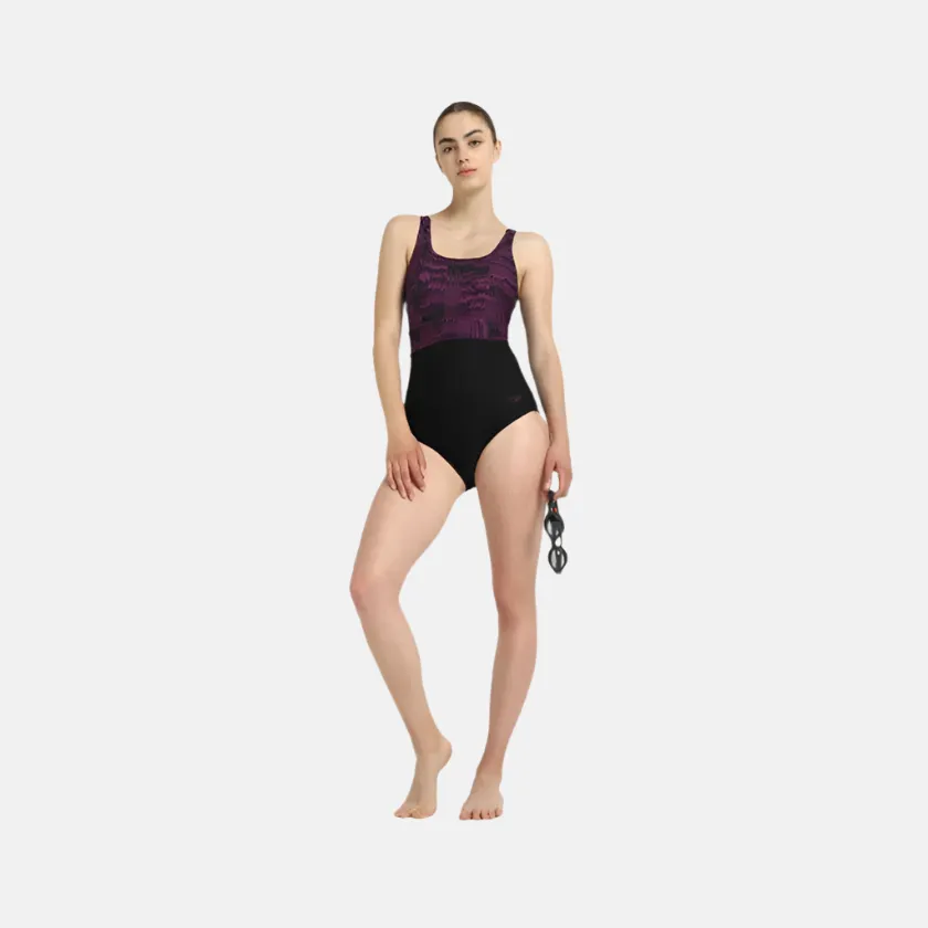 Speedo Endurance10 Square Neck Printed V-Cut Women's One Piece Swimsuit With Underband - Black/Plum Dandy