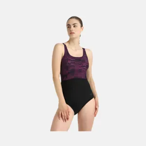 Speedo Endurance10 Square Neck Printed V-Cut Women's One Piece Swimsuit With Underband - Black/Plum Dandy