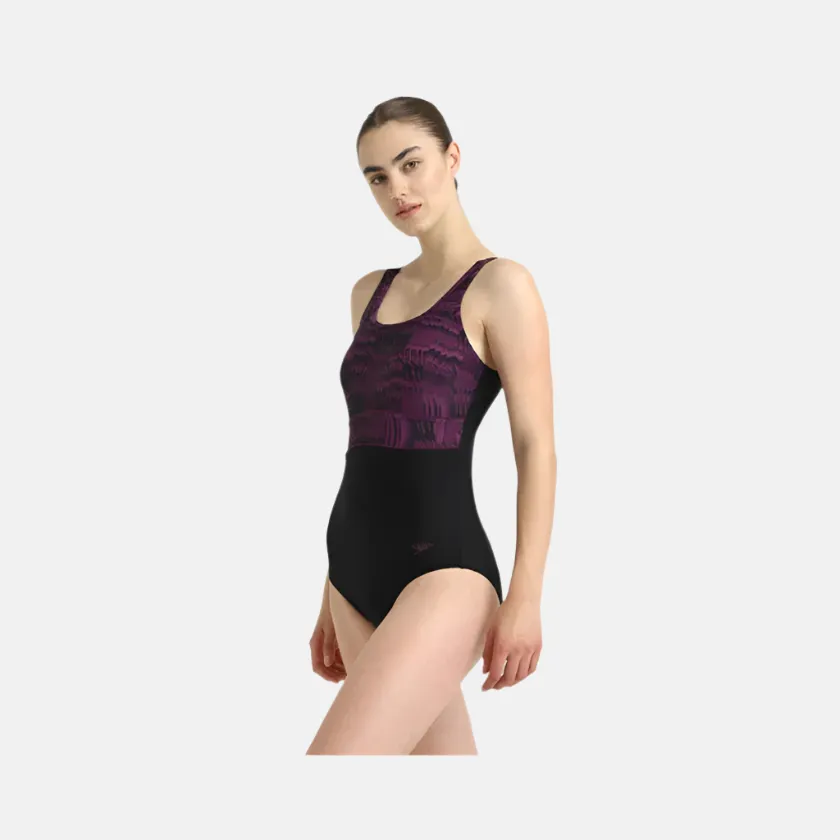 Speedo Endurance10 Square Neck Printed V-Cut Women's One Piece Swimsuit With Underband - Black/Plum Dandy
